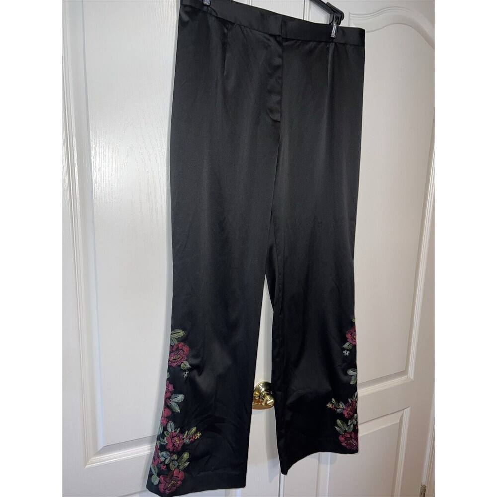 Spenser Jeremy Woman Pants Floral Embroidered Black Silky 16W Party Chic Stretch - Picture 2 of 14
